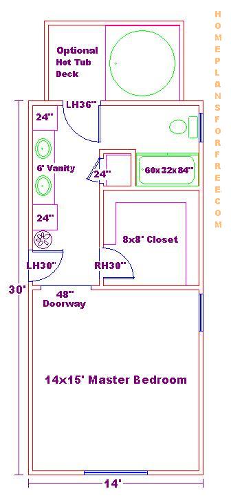 14x30 Master Bedroom and Bathroom Free Floor Plan with Layout Designs